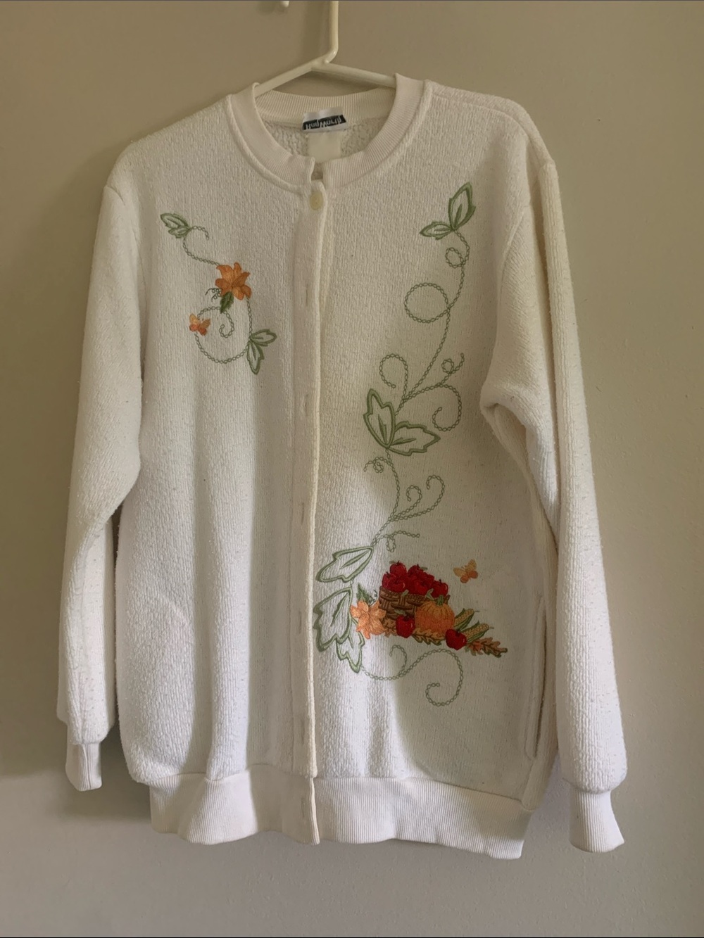 BonWorth Cream Cardigan with Green Vine and Orange Floral Embroidery